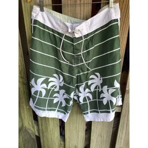 Limits Men Board Shorts Sz 46 (36" Waist) Green White Palm Tree Striped Unlined